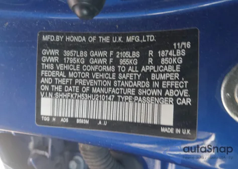 2017 Honda Civic Ex из США, поврежденный, VIN SHHFK7H53HU210147